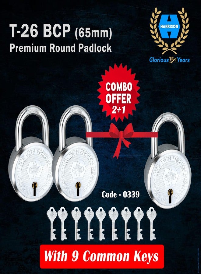 Harrison Padlocks Buy 2 Get 1 Free/ 0339 Premium Round Padlock 65mm T-26-BCP-0278 with 9 Common Keys/Padlock, Padlocks, Locks for Home, Locks for Main Door - Image 3
